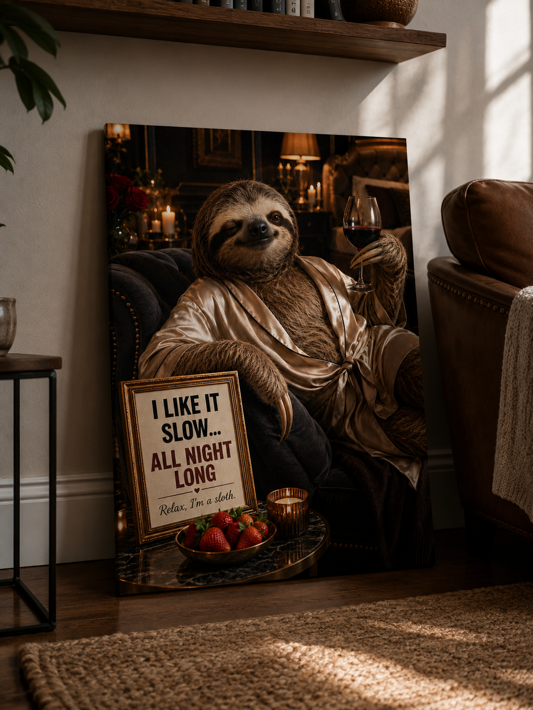 Funny Sloth Wine Poster, Luxury Bar Lounge Wall Decor with Adult Humor