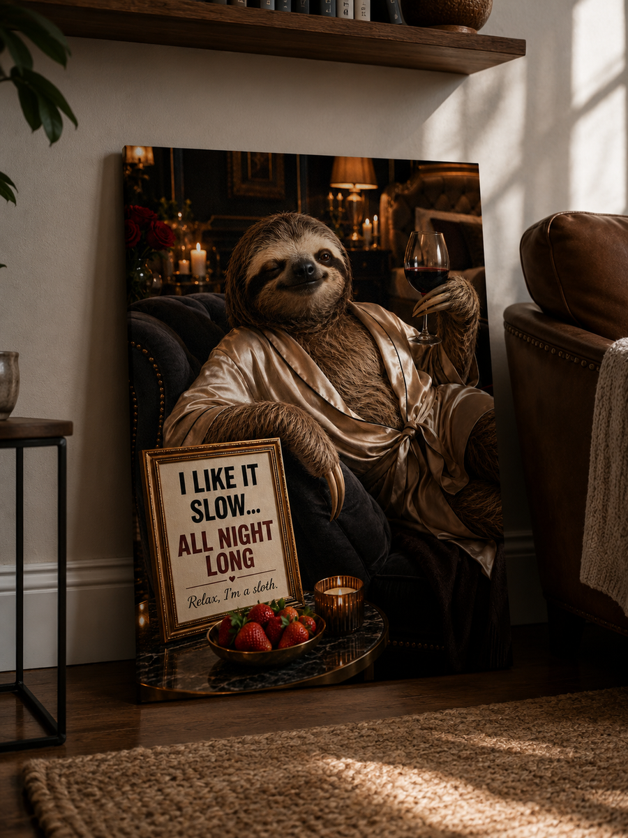 Funny Sloth Wine Poster, Luxury Bar Lounge Wall Decor with Adult Humor