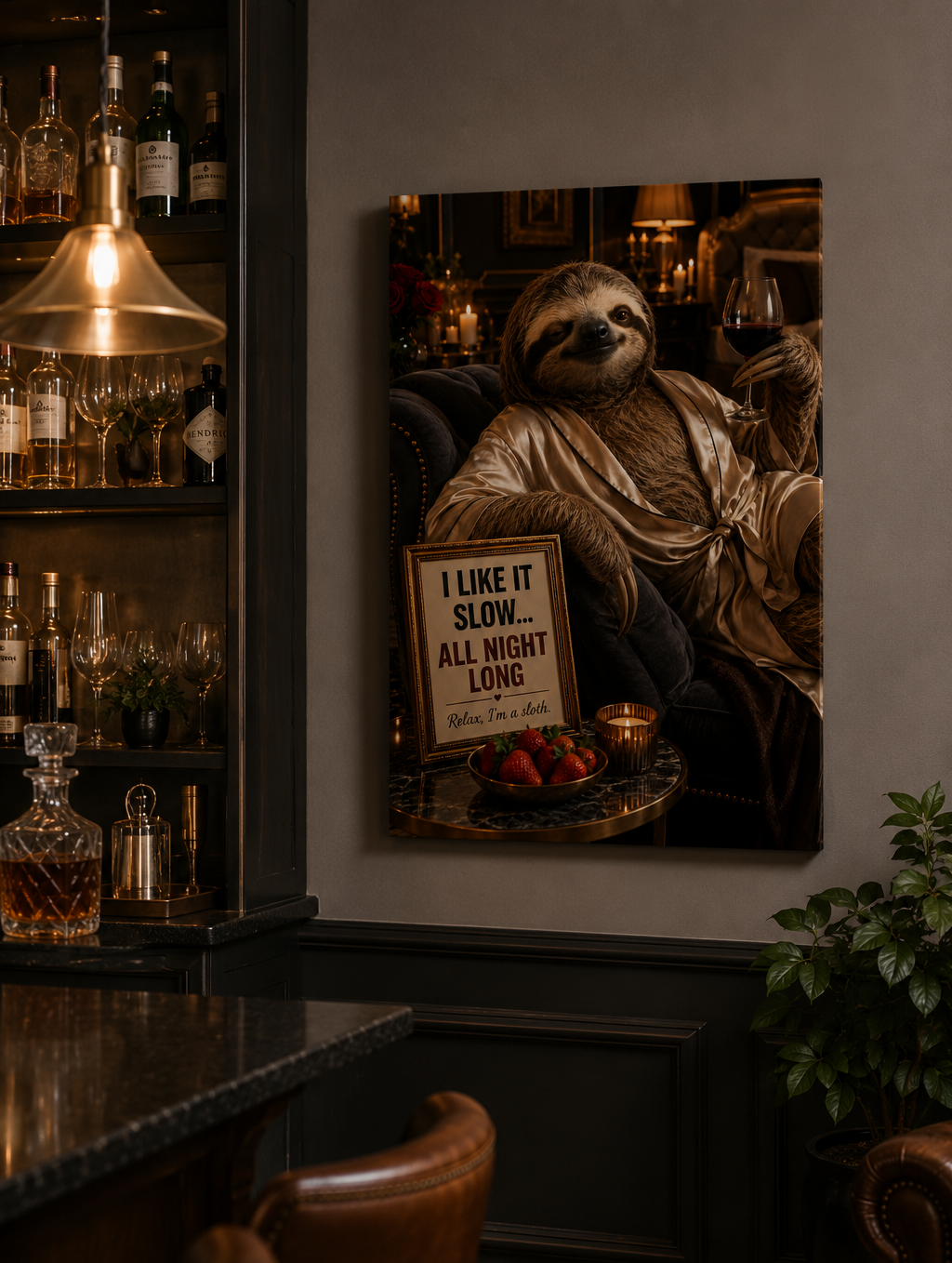 Funny Sloth Wine Poster, Luxury Bar Lounge Wall Decor with Adult Humor