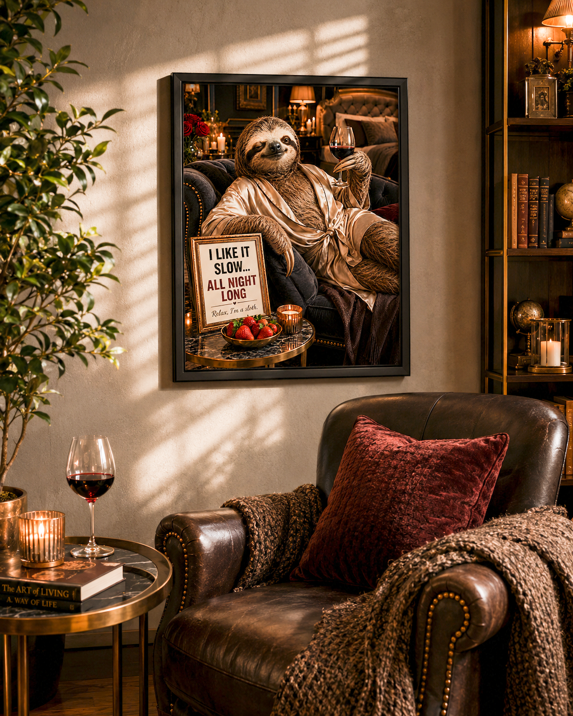 Funny Sloth Wine Poster, Luxury Bar Lounge Wall Decor with Adult Humor