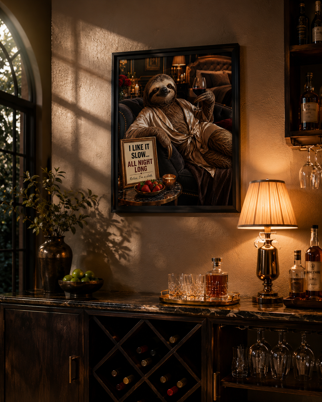 Funny Sloth Wine Poster, Luxury Bar Lounge Wall Decor with Adult Humor