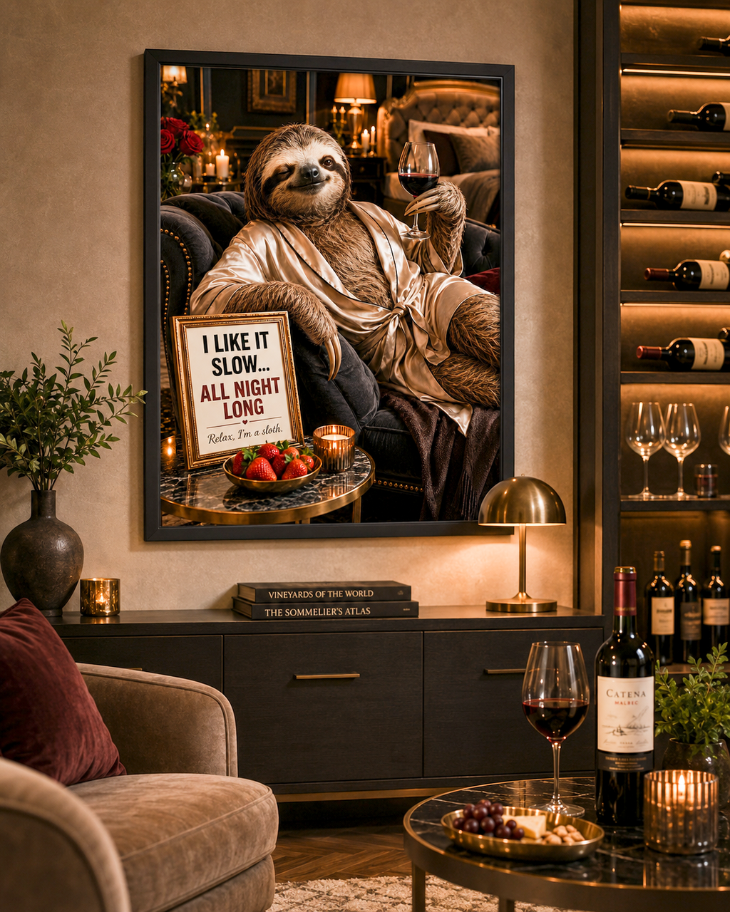 Funny Sloth Wine Poster, Luxury Bar Lounge Wall Decor with Adult Humor