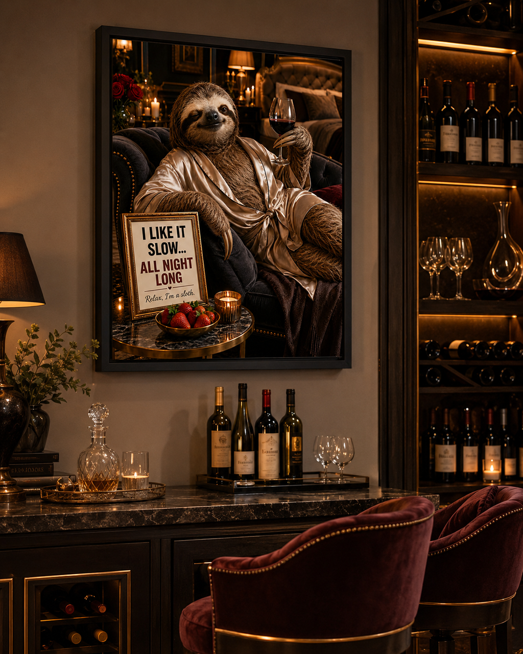 Funny Sloth Wine Poster, Luxury Bar Lounge Wall Decor with Adult Humor
