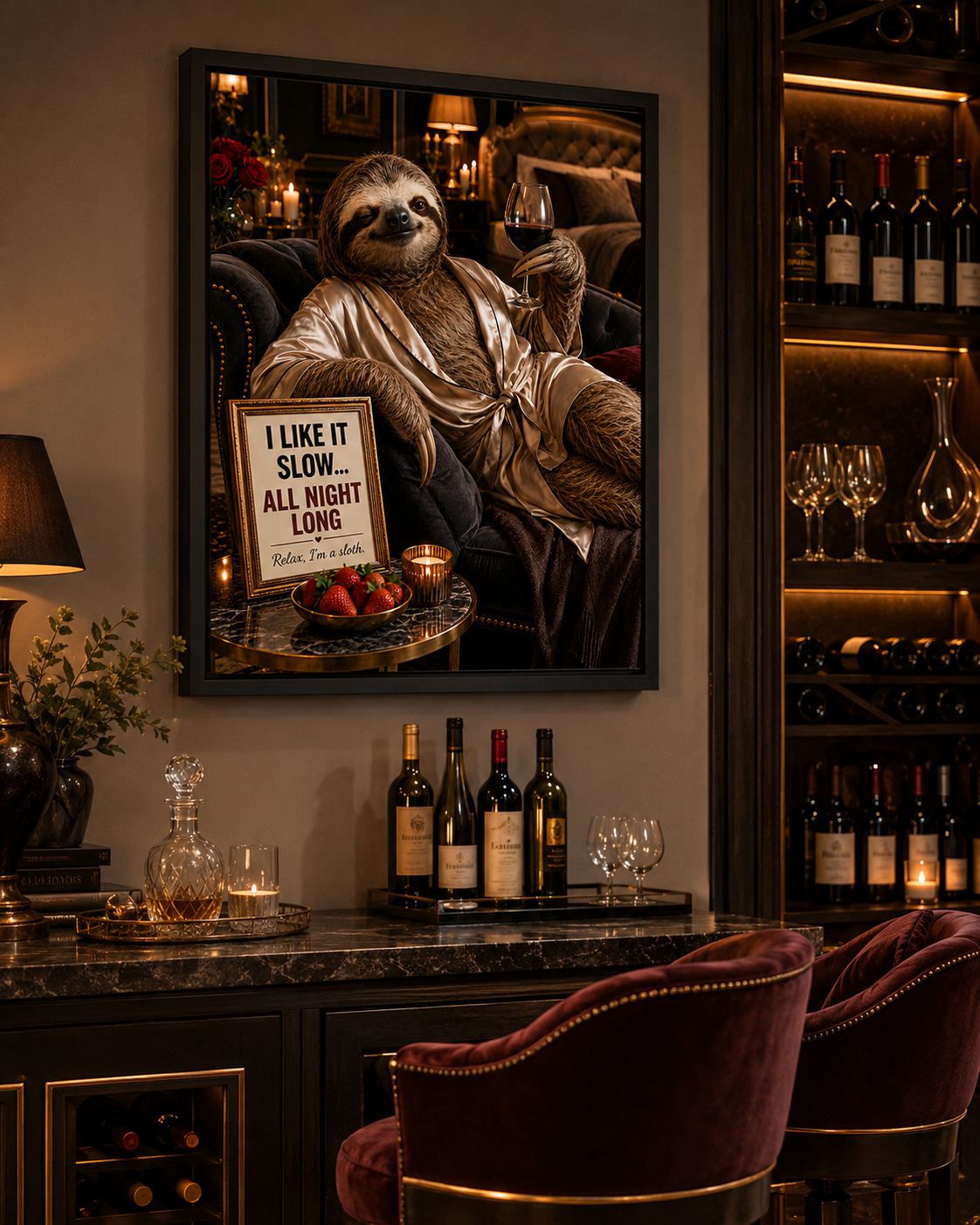 Funny Sloth Wine Poster, Luxury Bar Lounge Wall Decor with Adult Humor