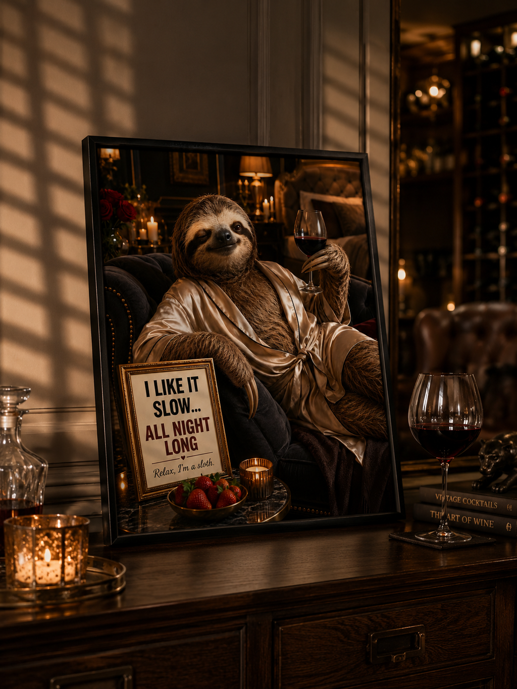 Funny Sloth Wine Poster, Luxury Bar Lounge Wall Decor with Adult Humor