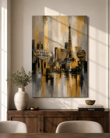 Abstract Las Vegas Skyline Canvas, Gold Black Gray City Wall Art, Welcome Sign