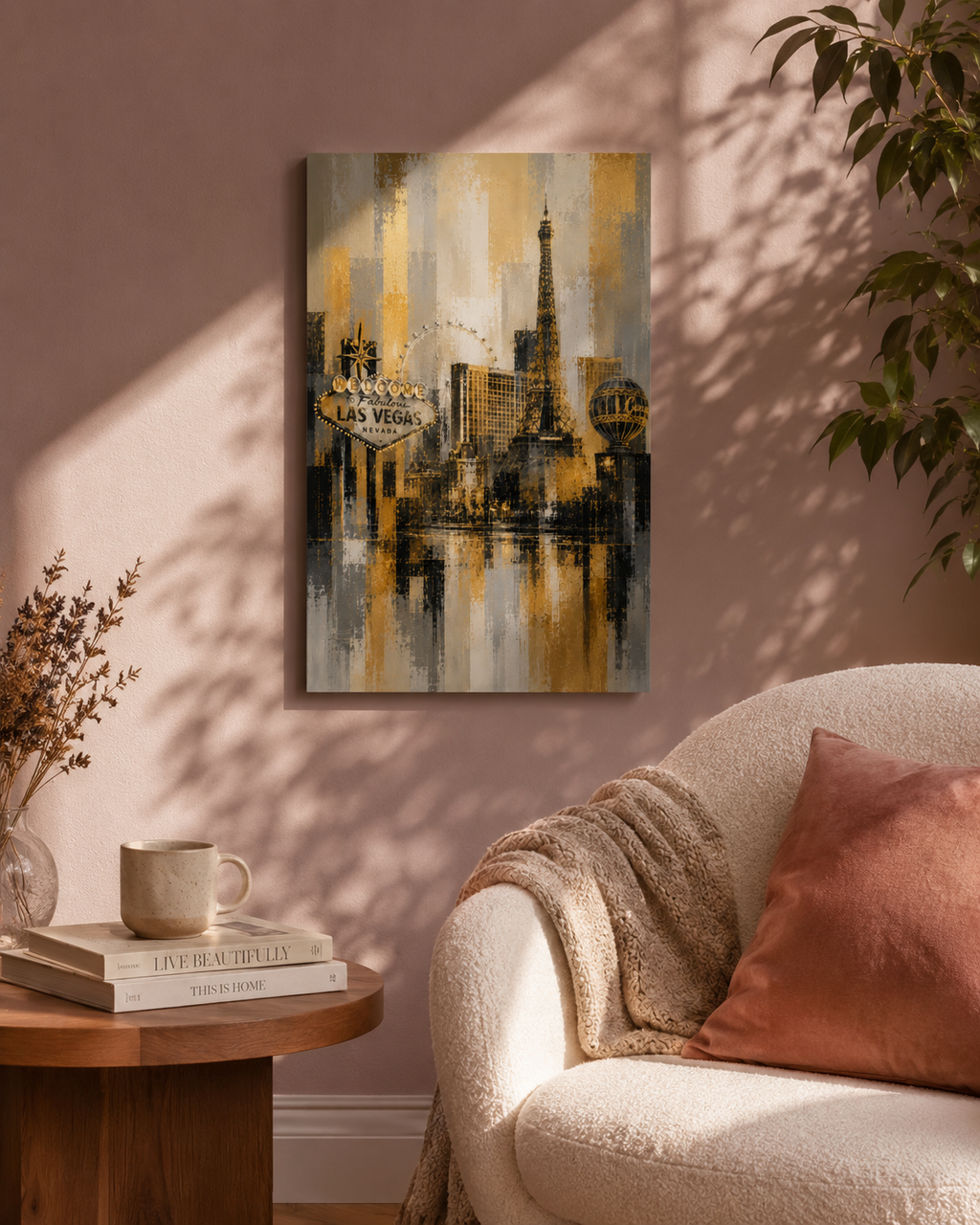 Abstract Las Vegas Skyline Canvas, Gold Black Gray City Wall Art, Welcome Sign
