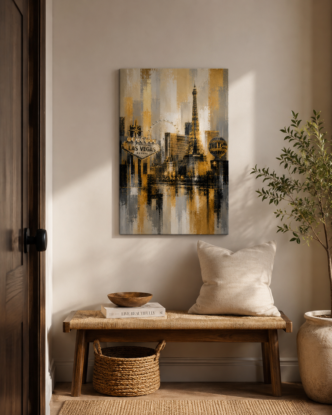 Abstract Las Vegas Skyline Canvas, Gold Black Gray City Wall Art, Welcome Sign