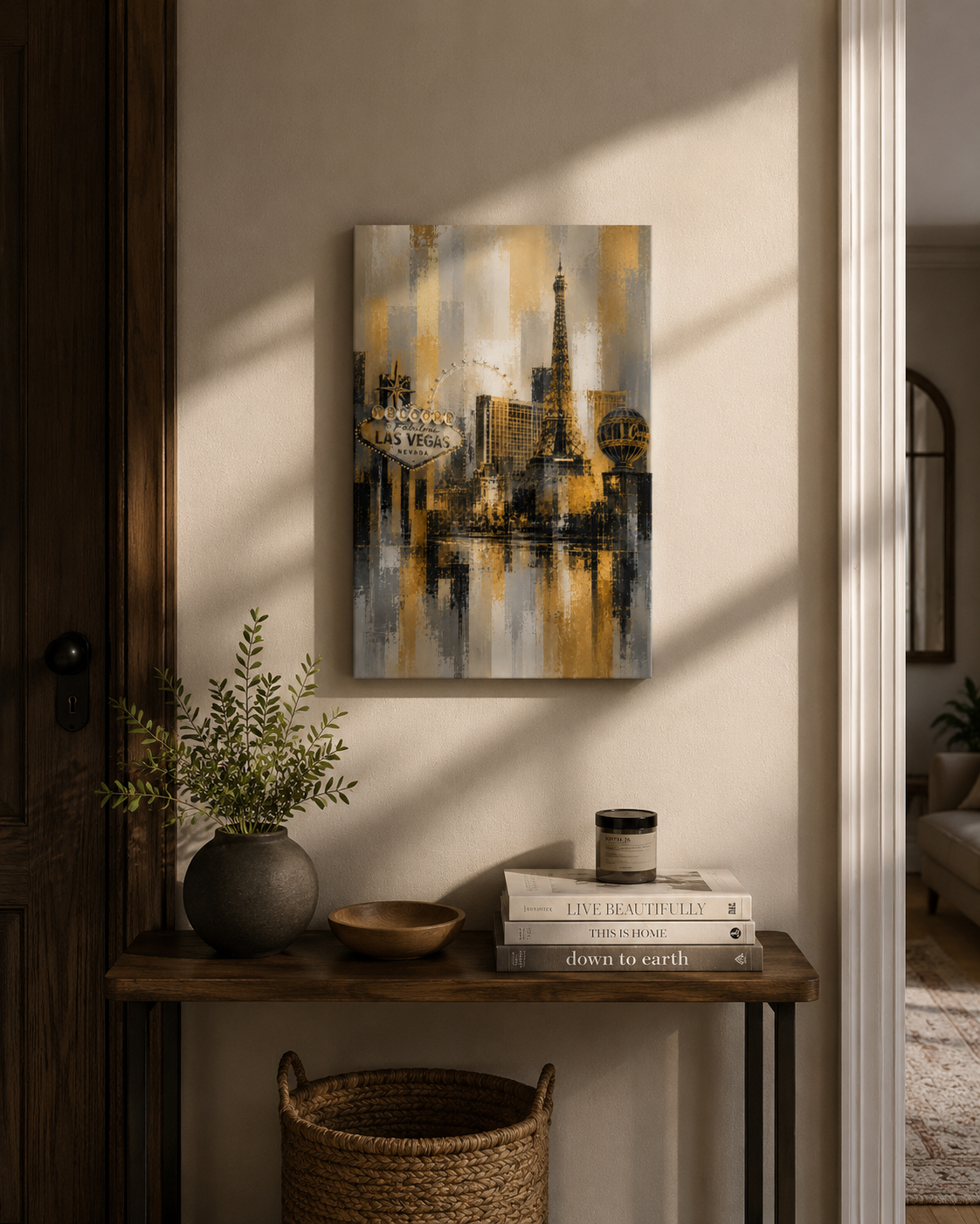 Abstract Las Vegas Skyline Canvas, Gold Black Gray City Wall Art, Welcome Sign