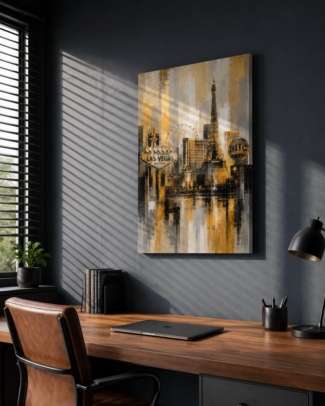 Abstract Las Vegas Skyline Canvas, Gold Black Gray City Wall Art, Welcome Sign