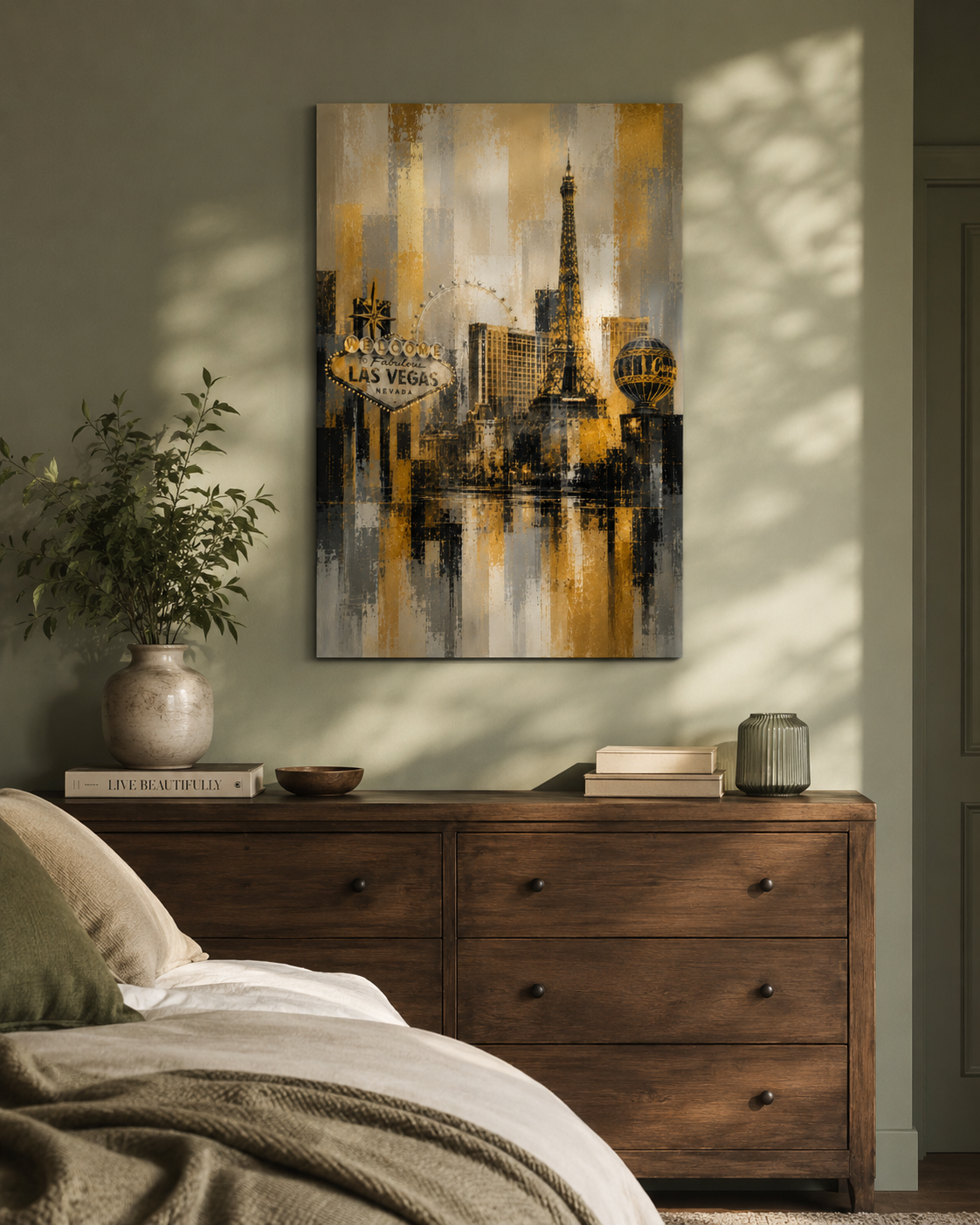 Abstract Las Vegas Skyline Canvas, Gold Black Gray City Wall Art, Welcome Sign