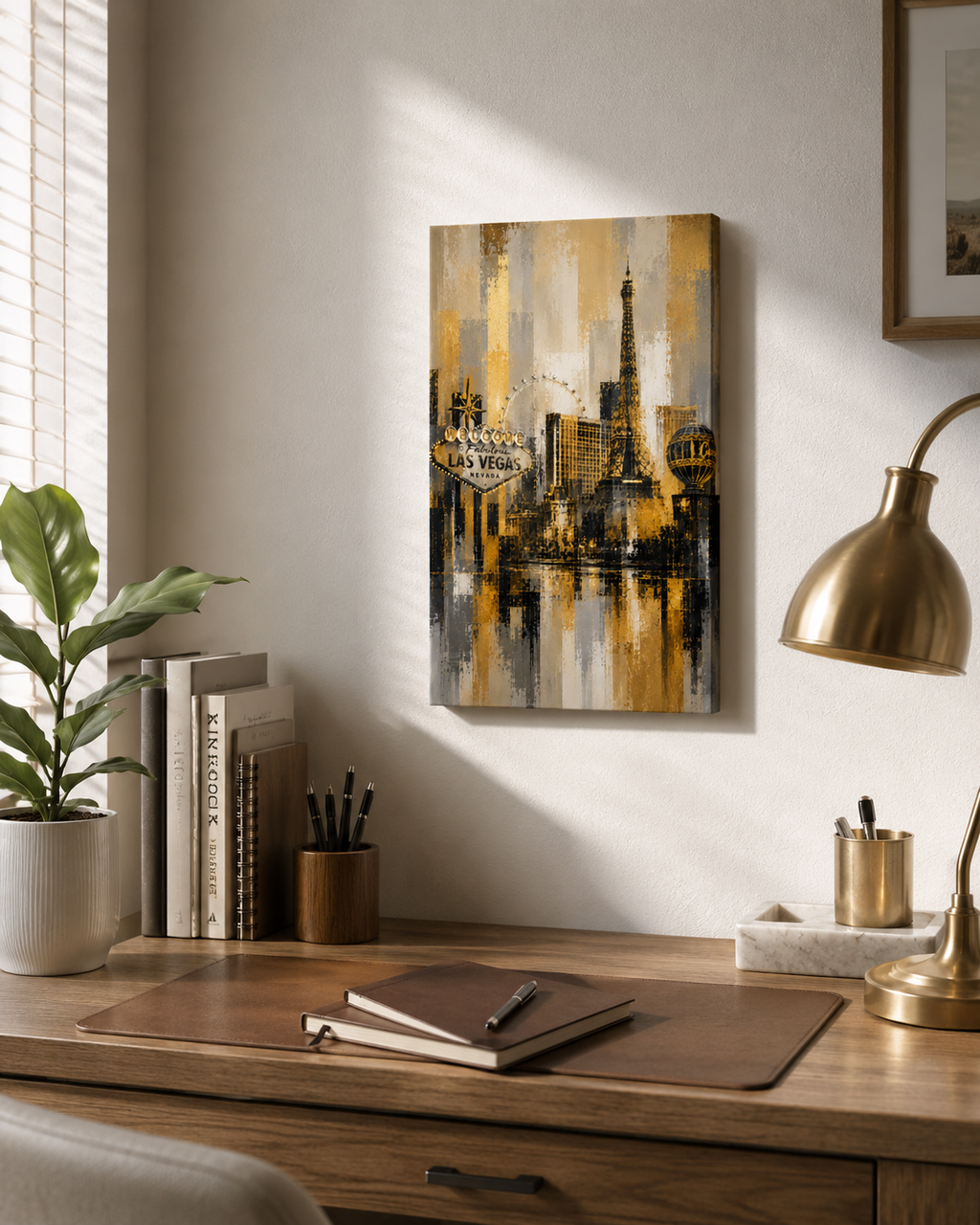 Abstract Las Vegas Skyline Canvas, Gold Black Gray City Wall Art, Welcome Sign