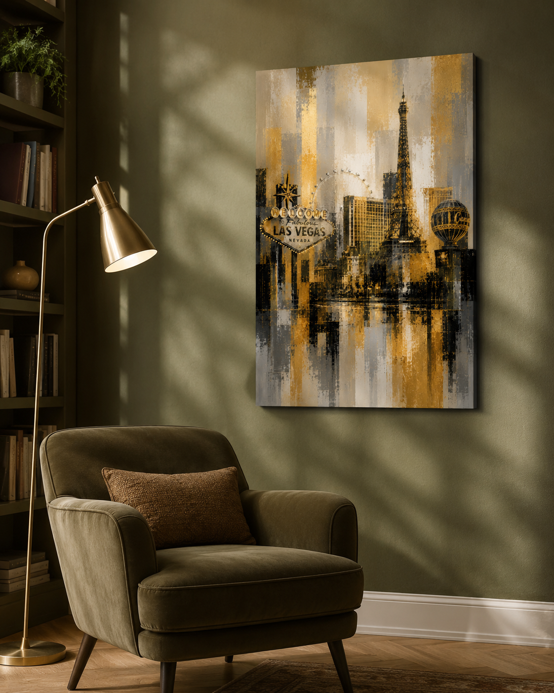 Abstract Las Vegas Skyline Canvas, Gold Black Gray City Wall Art, Welcome Sign