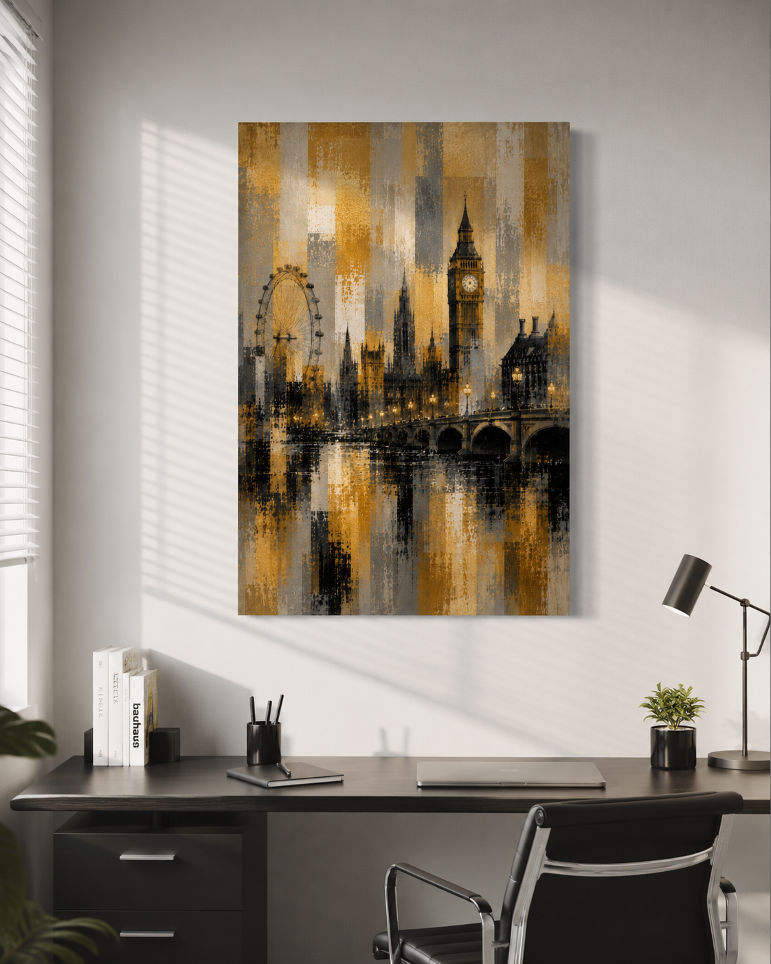 Abstract London Skyline Canvas Art, Gold Black Gray Cityscape Wall Decor