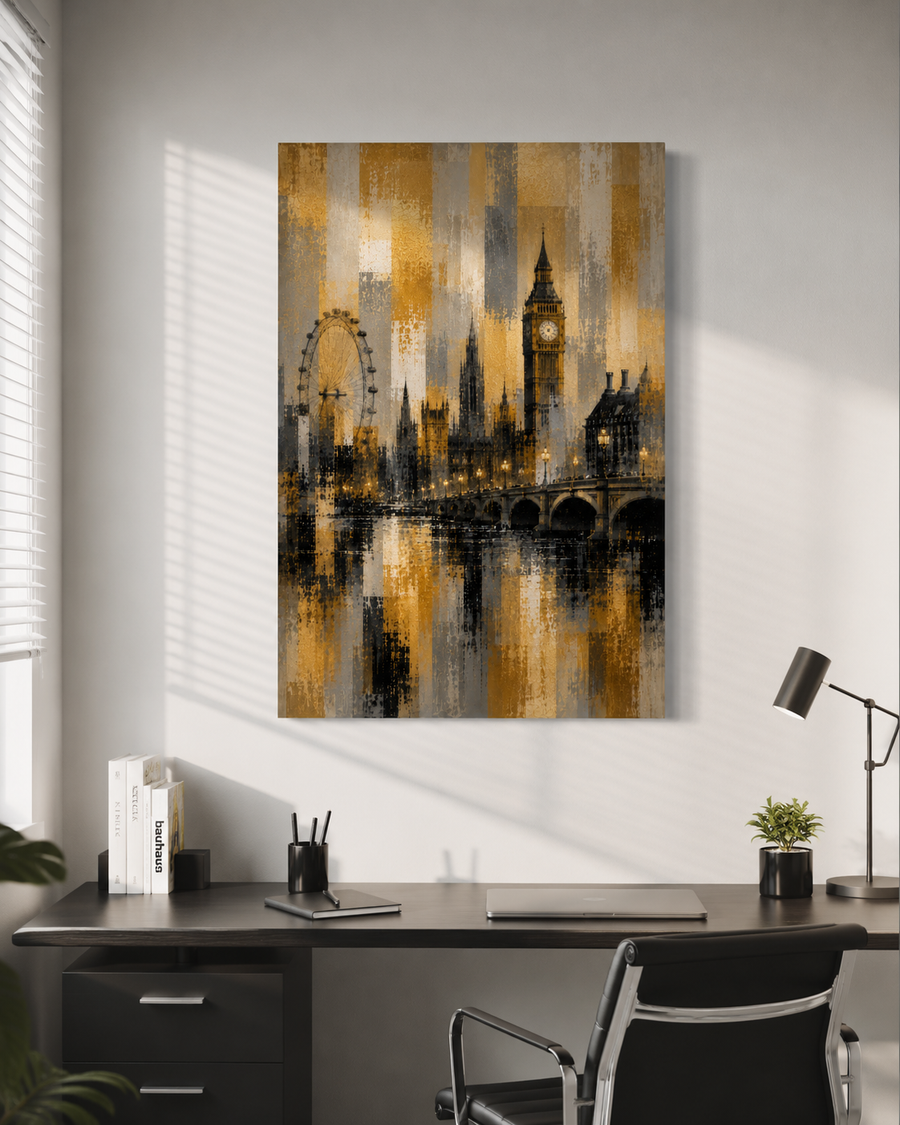 Abstract London Skyline Canvas Art, Gold Black Gray Cityscape Wall Decor