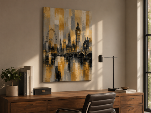Abstract London Skyline Canvas Art, Gold Black Gray Cityscape Wall Decor