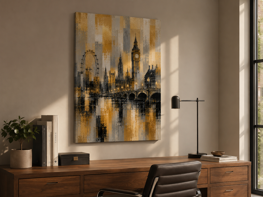 Abstract London Skyline Canvas Art, Gold Black Gray Cityscape Wall Decor