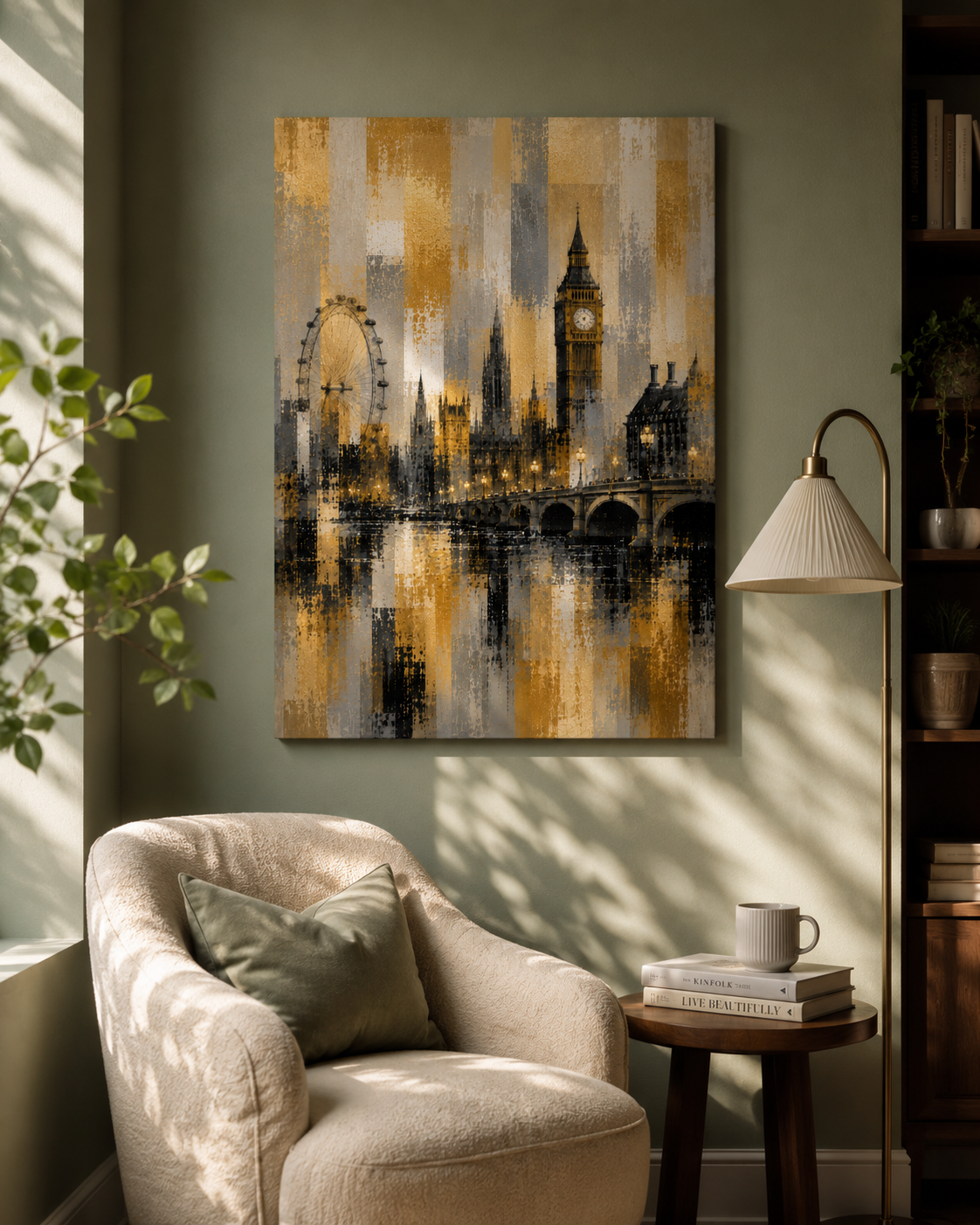 Abstract London Skyline Canvas Art, Gold Black Gray Cityscape Wall Decor