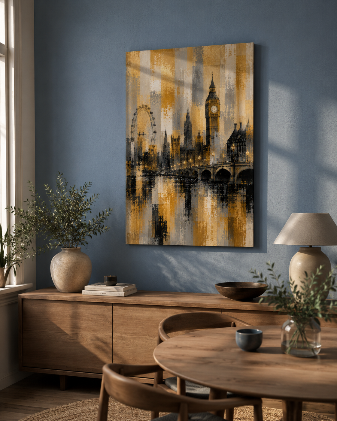 Abstract London Skyline Canvas Art, Gold Black Gray Cityscape Wall Decor