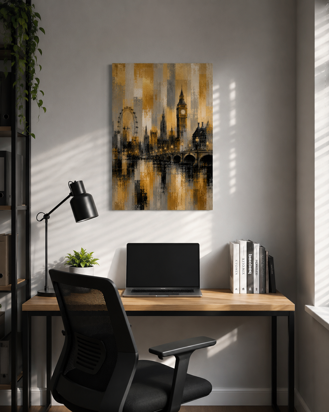 Abstract London Skyline Canvas Art, Gold Black Gray Cityscape Wall Decor