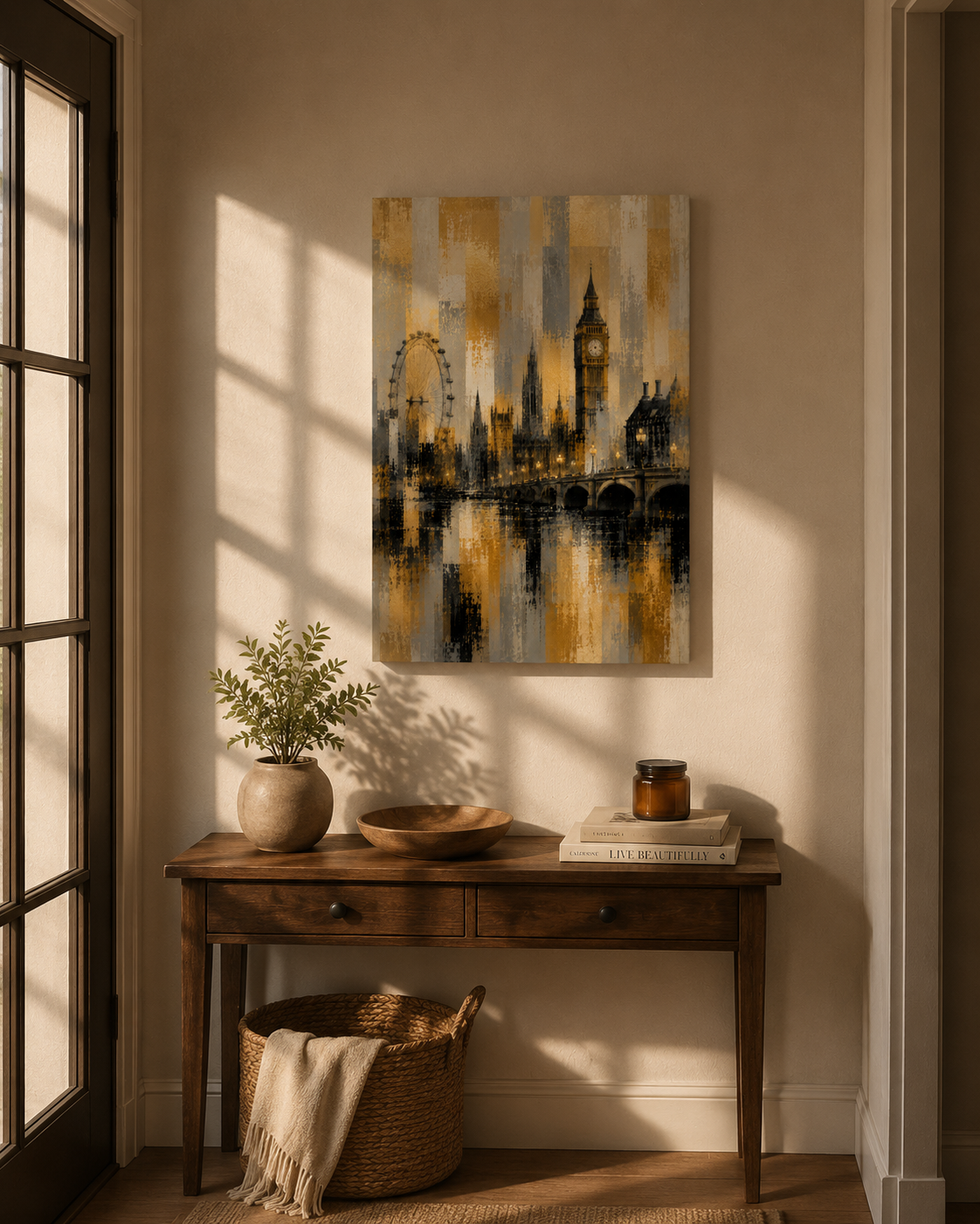 Abstract London Skyline Canvas Art, Gold Black Gray Cityscape Wall Decor