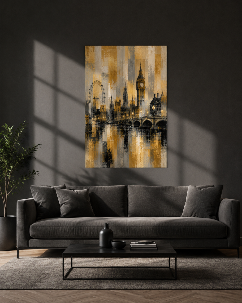 Abstract London Skyline Canvas Art, Gold Black Gray Cityscape Wall Decor