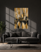 Abstract London Skyline Canvas Art, Gold Black Gray Cityscape Wall Decor