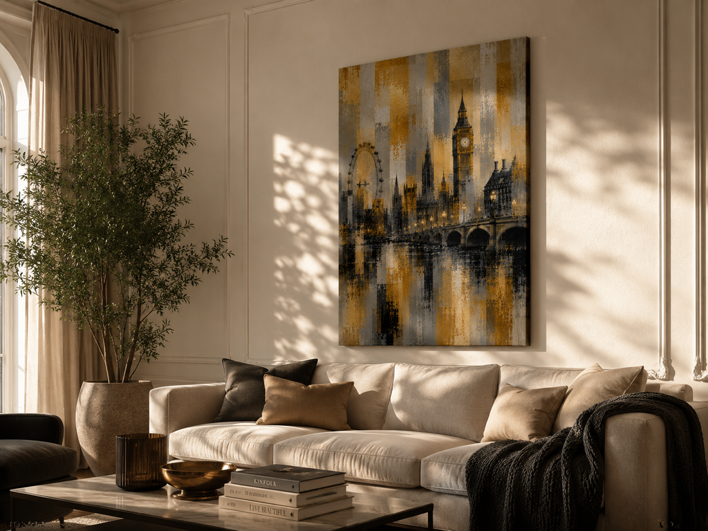 Abstract London Skyline Canvas Art, Gold Black Gray Cityscape Wall Decor
