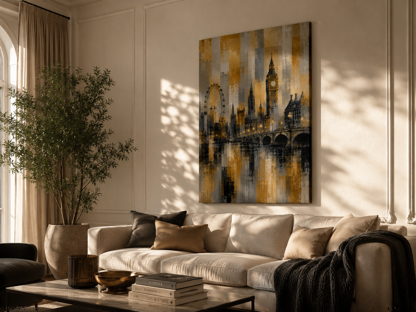 Abstract London Skyline Canvas Art, Gold Black Gray Cityscape Wall Decor