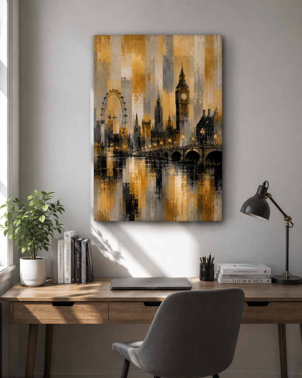 Abstract London Skyline Canvas Art, Gold Black Gray Cityscape Wall Decor