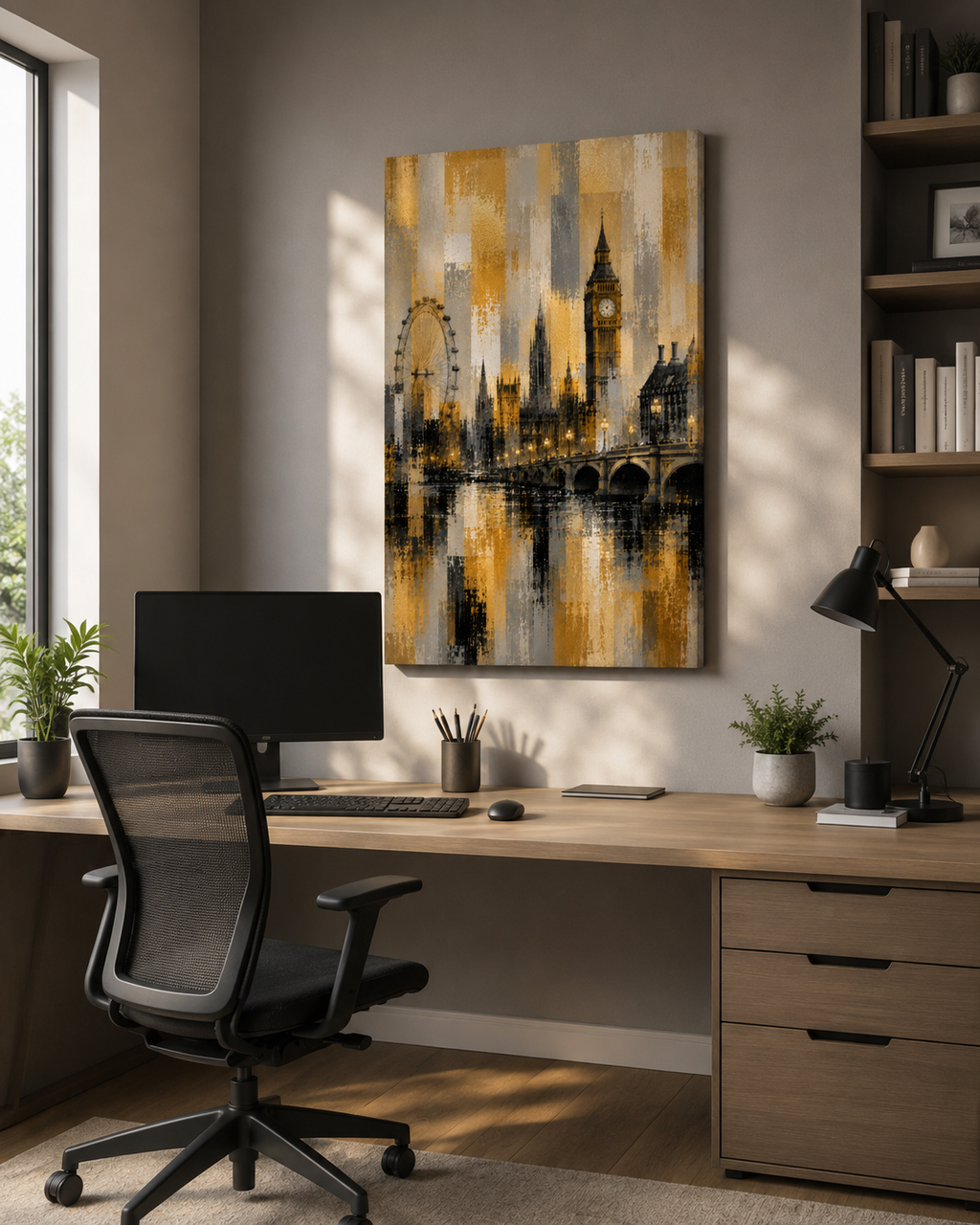 Abstract London Skyline Canvas Art, Gold Black Gray Cityscape Wall Decor