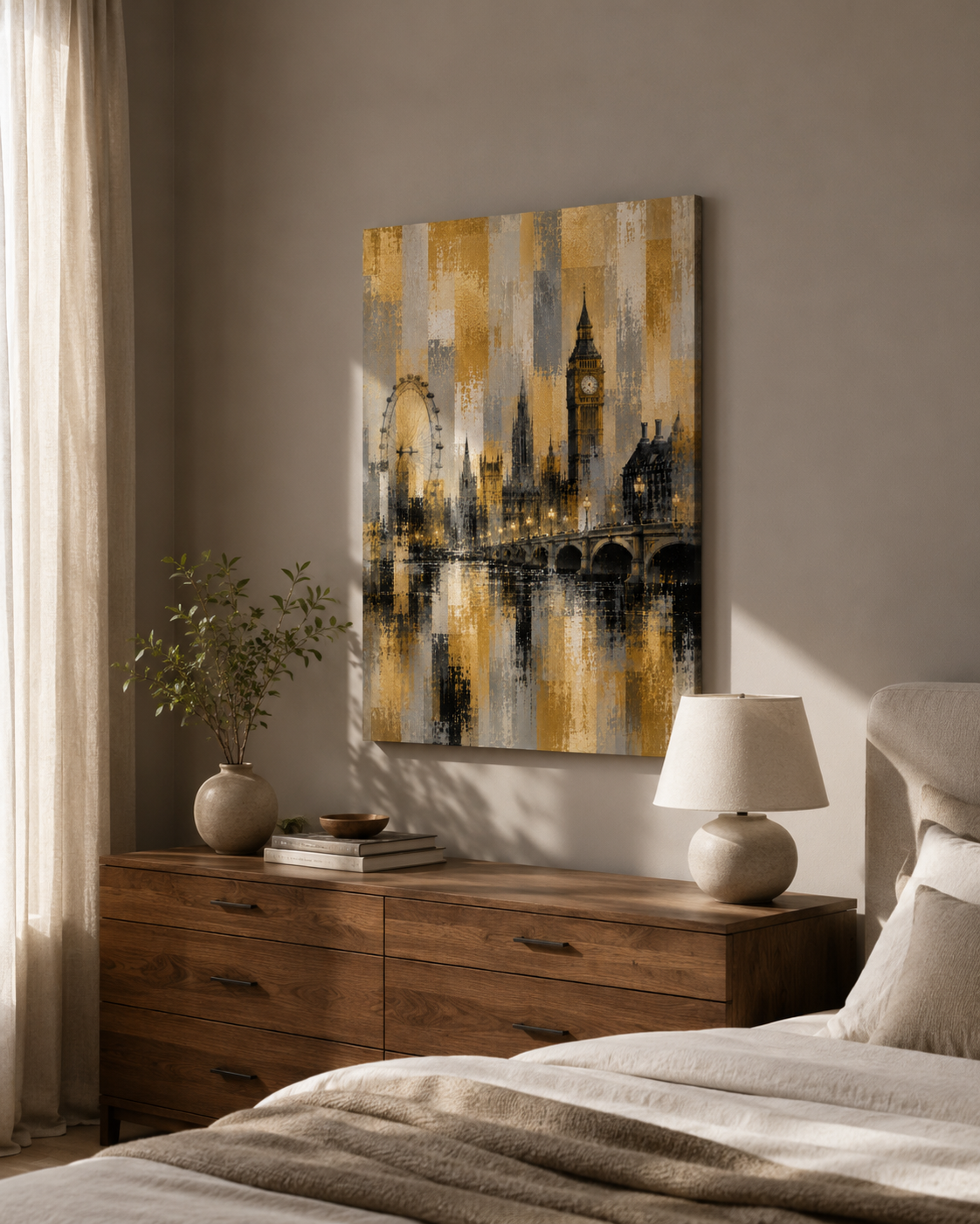 Abstract London Skyline Canvas Art, Gold Black Gray Cityscape Wall Decor