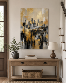 Los Angeles Skyline Canvas. Abstract Hollywood Wall Art in Gold, Black and Gray