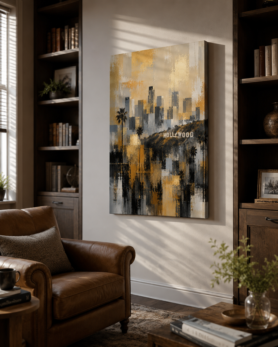Los Angeles Skyline Canvas. Abstract Hollywood Wall Art in Gold, Black and Gray