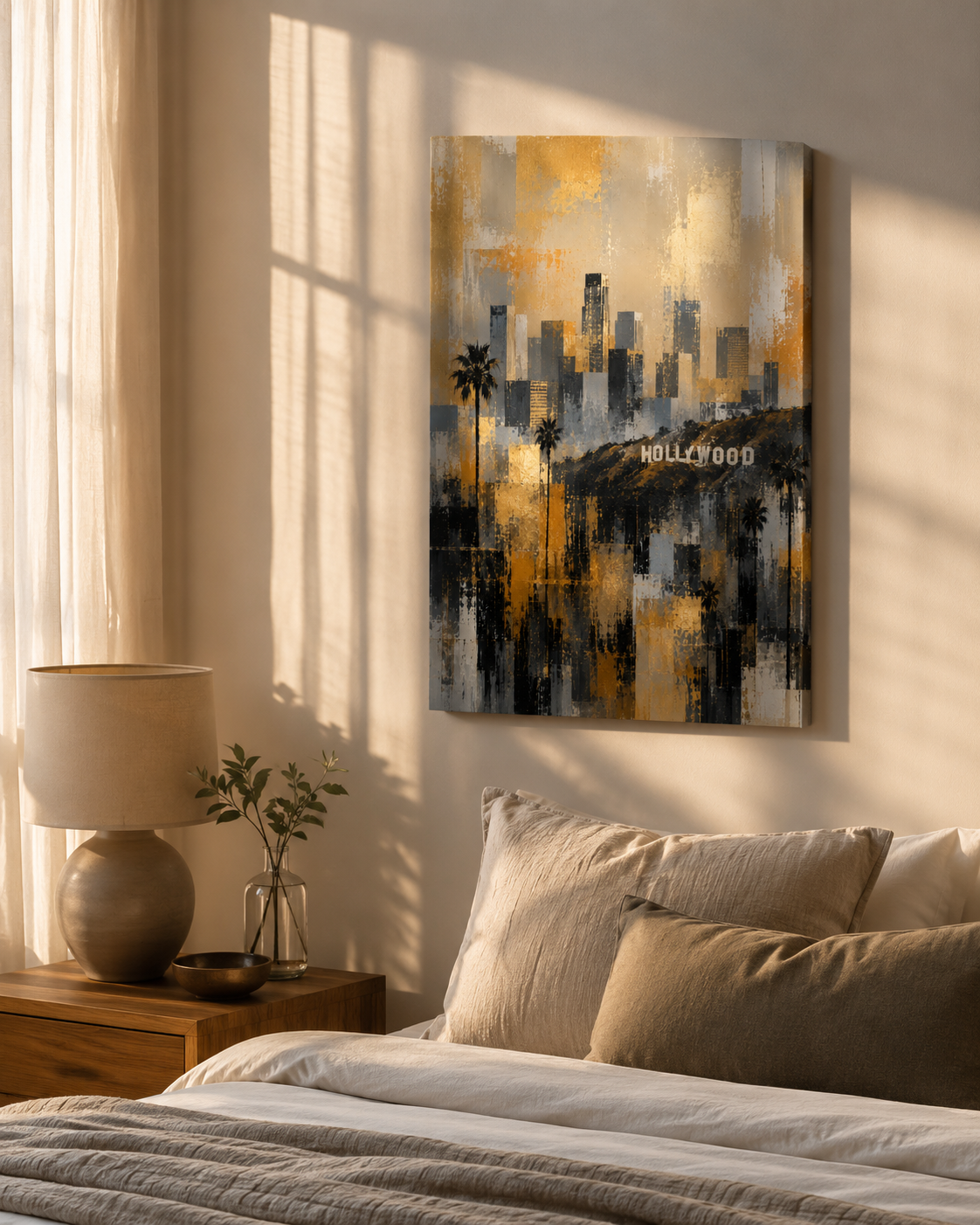 Los Angeles Skyline Canvas. Abstract Hollywood Wall Art in Gold, Black and Gray