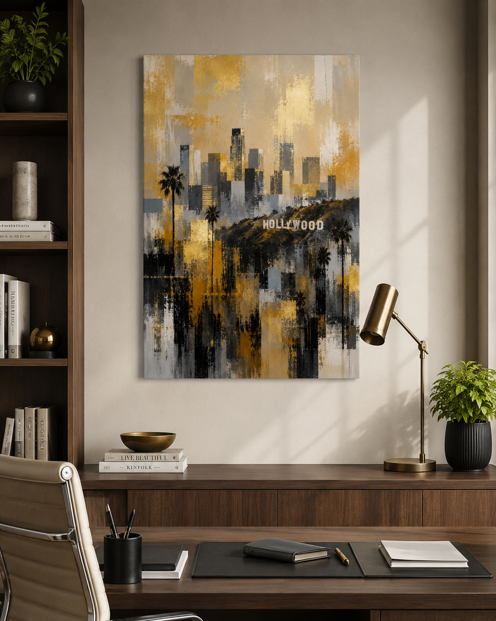 Los Angeles Skyline Canvas. Abstract Hollywood Wall Art in Gold, Black and Gray
