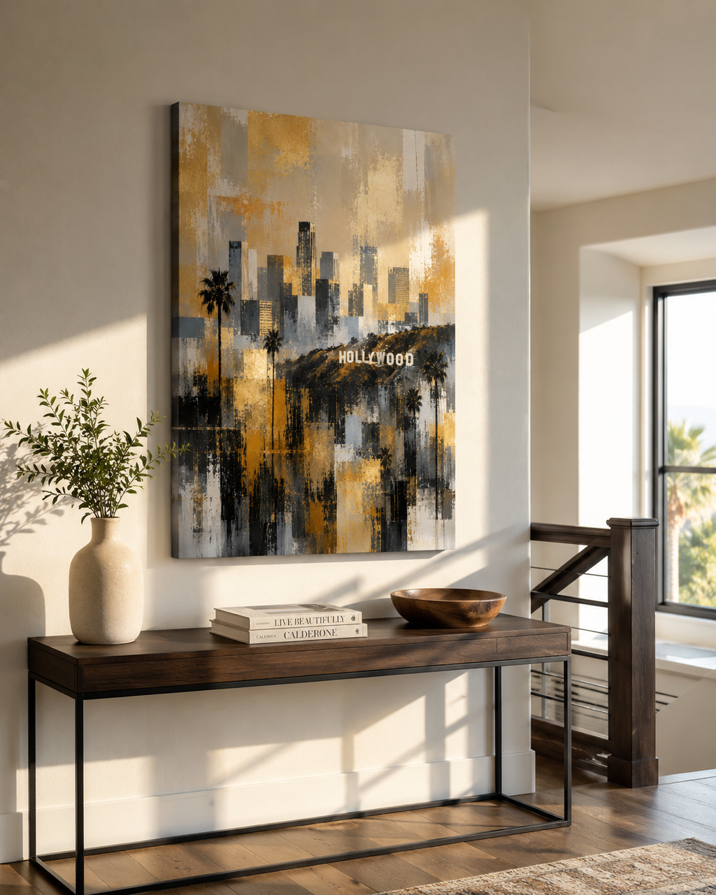 Los Angeles Skyline Canvas. Abstract Hollywood Wall Art in Gold, Black and Gray