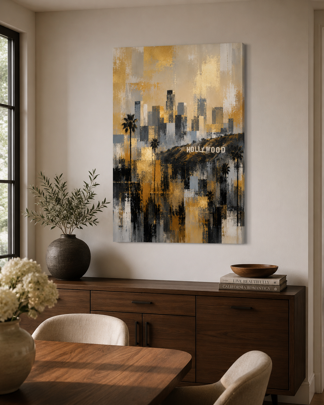 Los Angeles Skyline Canvas. Abstract Hollywood Wall Art in Gold, Black and Gray