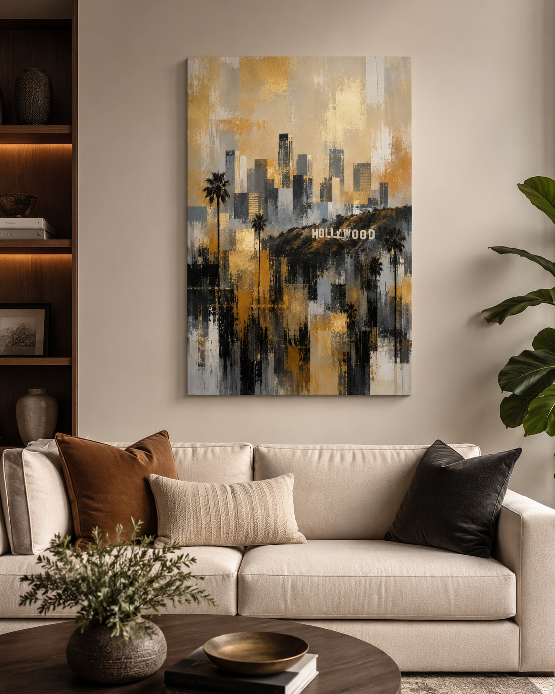 Los Angeles Skyline Canvas. Abstract Hollywood Wall Art in Gold, Black and Gray