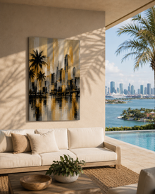 Abstract Miami Skyline Canvas, Gold Black Gray Palm Tree Art, Modern Florida Decor
