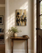 Abstract Miami Skyline Canvas, Gold Black Gray Palm Tree Art, Modern Florida Decor