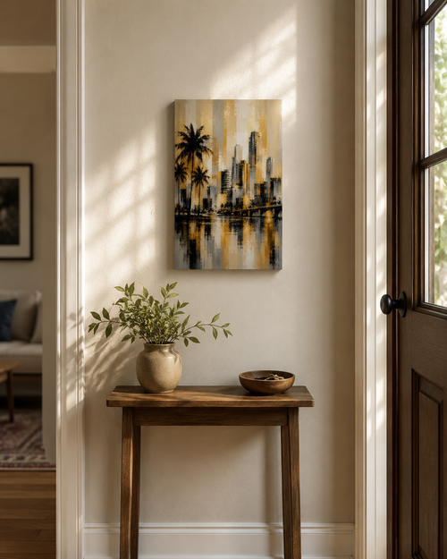 Abstract Miami Skyline Canvas, Gold Black Gray Palm Tree Art, Modern Florida Decor