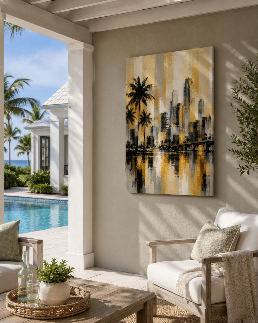 Abstract Miami Skyline Canvas, Gold Black Gray Palm Tree Art, Modern Florida Decor
