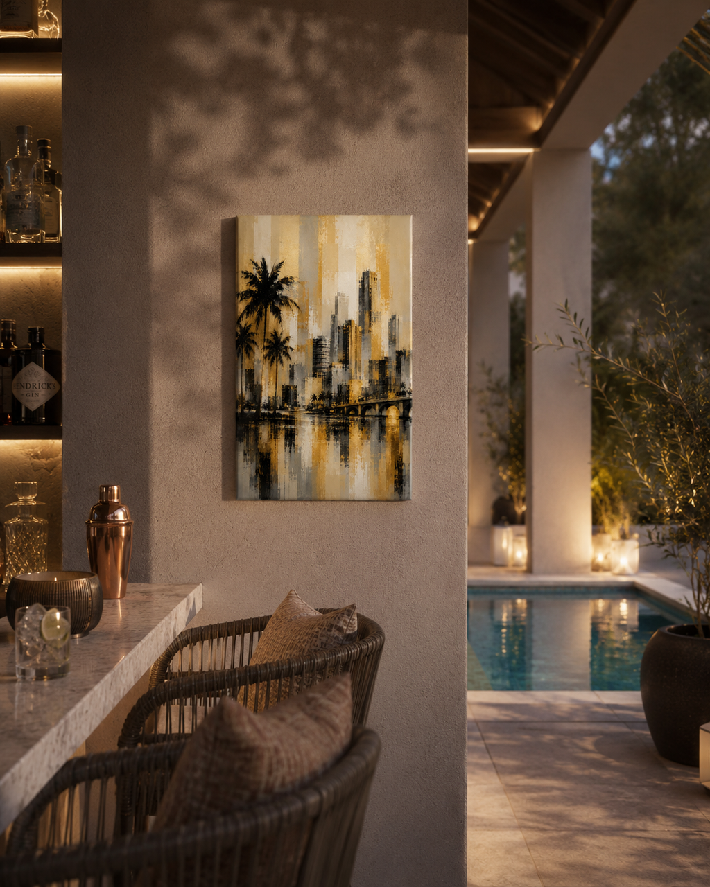 Abstract Miami Skyline Canvas, Gold Black Gray Palm Tree Art, Modern Florida Decor