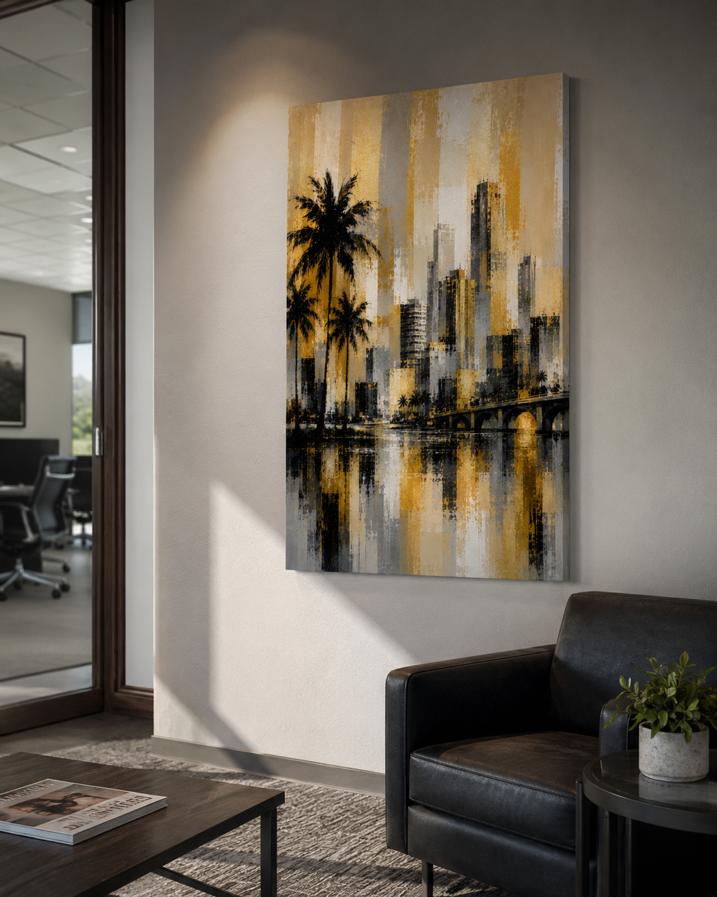 Abstract Miami Skyline Canvas, Gold Black Gray Palm Tree Art, Modern Florida Decor