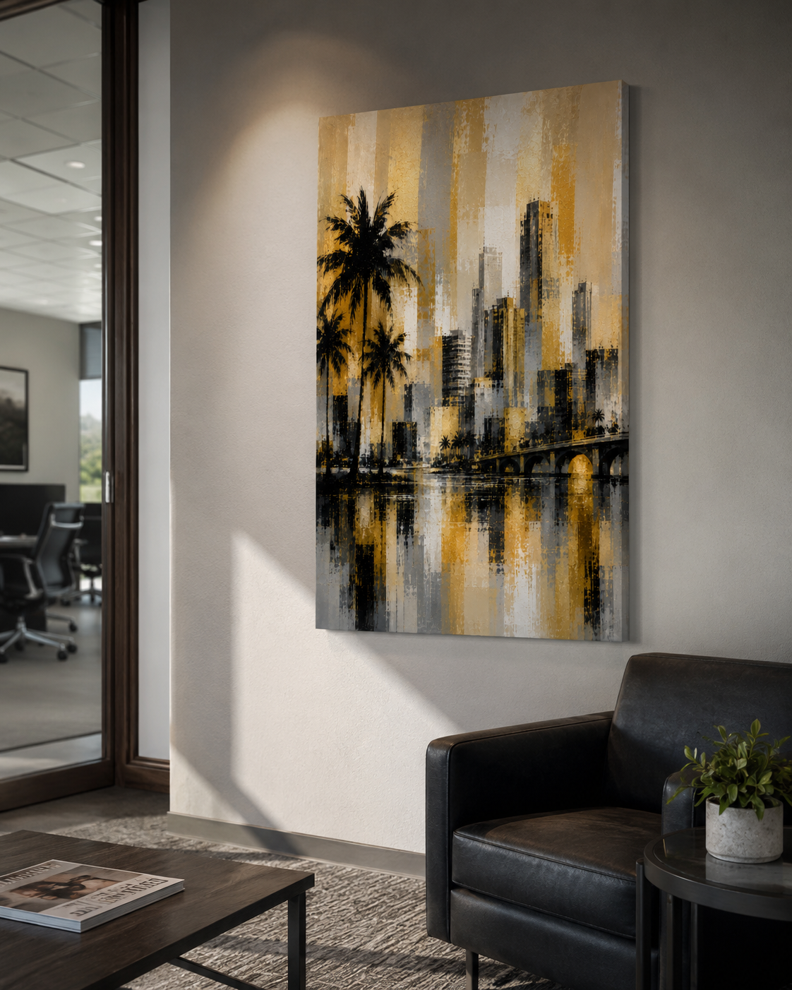 Abstract Miami Skyline Canvas, Gold Black Gray Palm Tree Art, Modern Florida Decor
