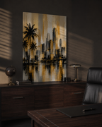 Abstract Miami Skyline Canvas, Gold Black Gray Palm Tree Art, Modern Florida Decor