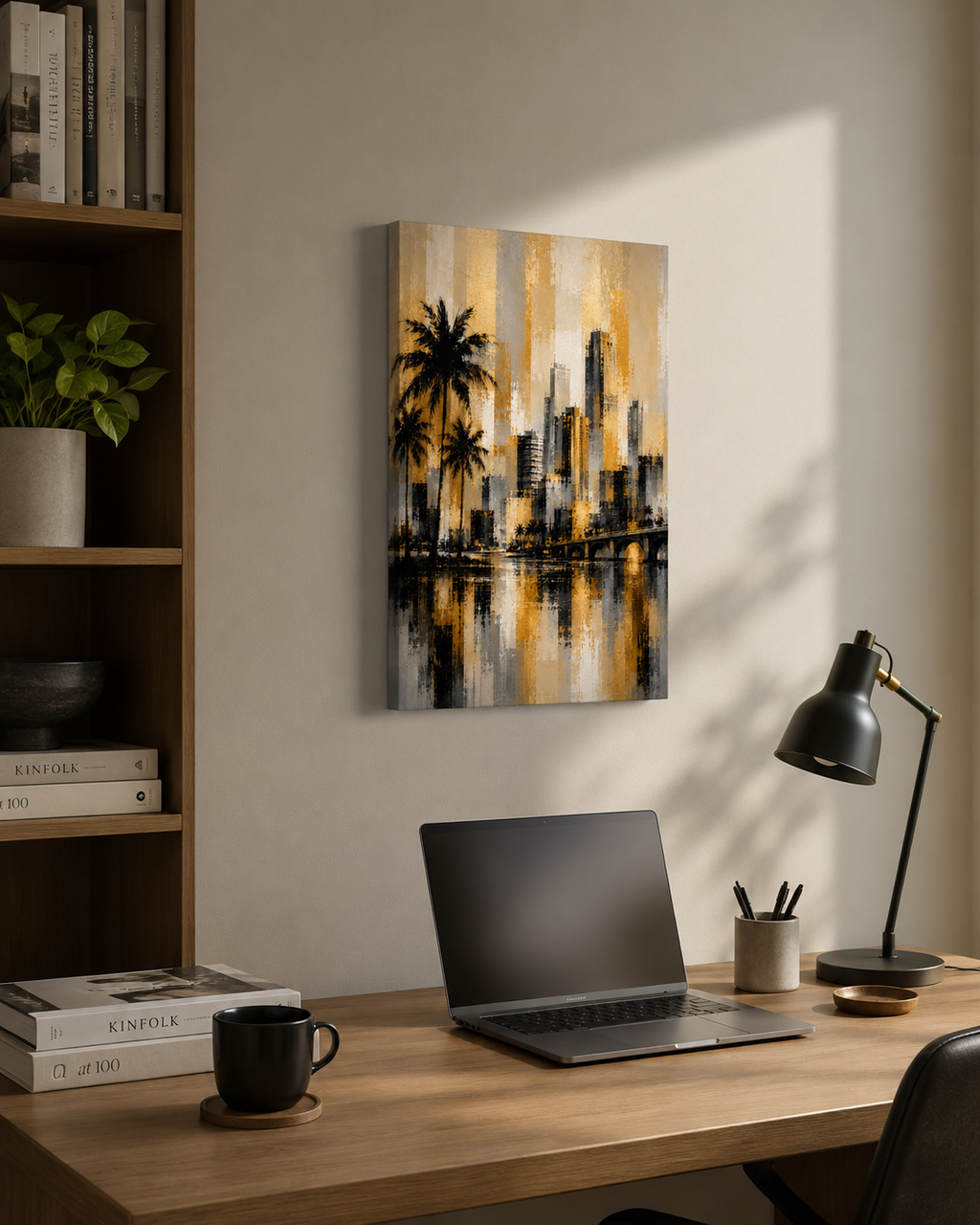 Abstract Miami Skyline Canvas, Gold Black Gray Palm Tree Art, Modern Florida Decor