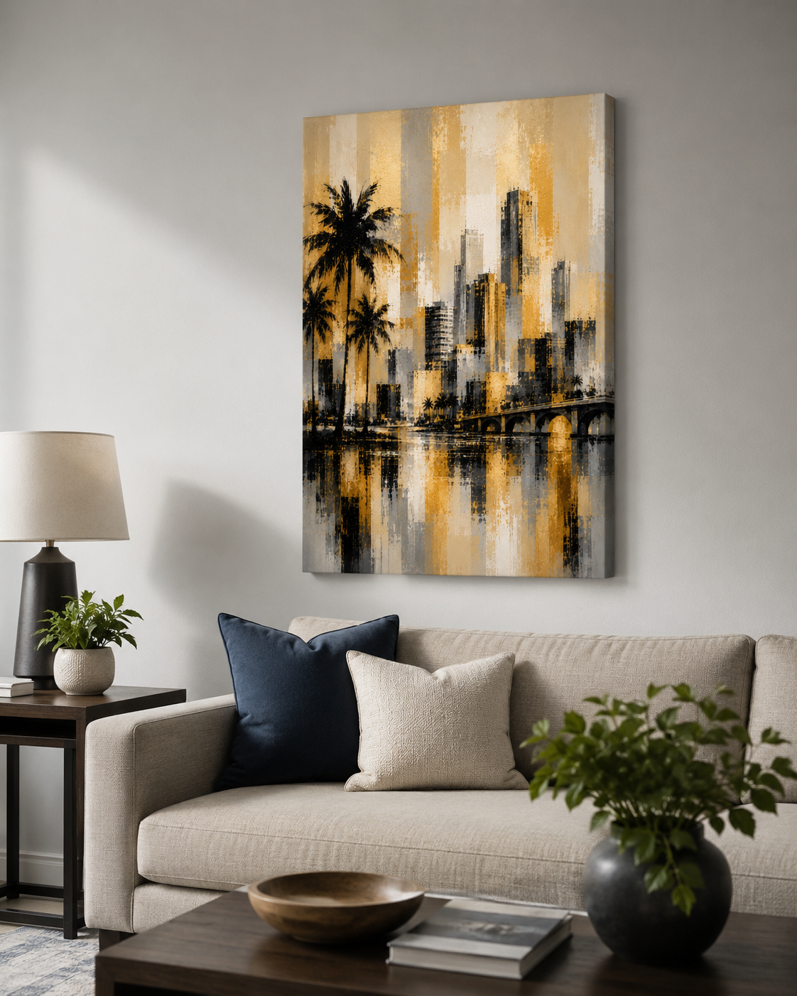 Abstract Miami Skyline Canvas, Gold Black Gray Palm Tree Art, Modern Florida Decor