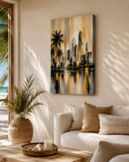Abstract Miami Skyline Canvas, Gold Black Gray Palm Tree Art, Modern Florida Decor